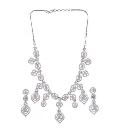 Women's Brass Silver Plated Necklace set (Pink)