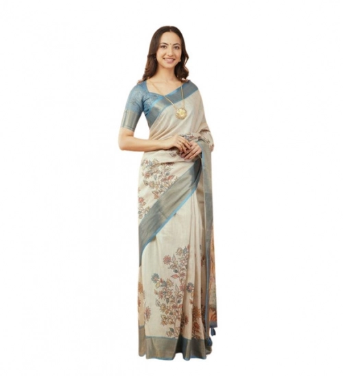 Women's Polyester Printed Saree With Unstitched Blouse 5.5 Mtr (Cream)