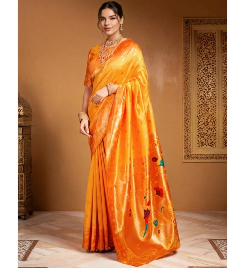 Women's Silk Blend Woven Saree With Unstitched Blouse 5.5Mtr (Orange)