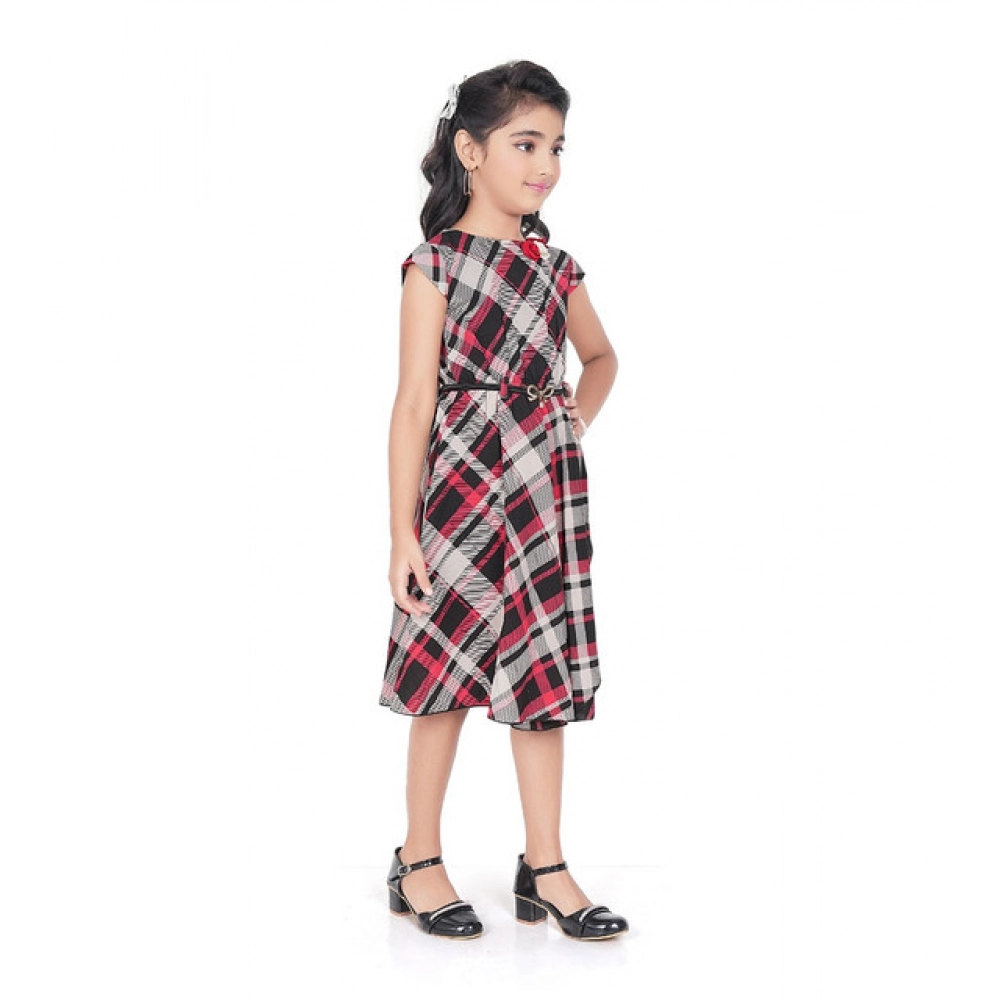 Girl's Lycra Checks Striped Short Sleeve Round Neck Dress (Pink)