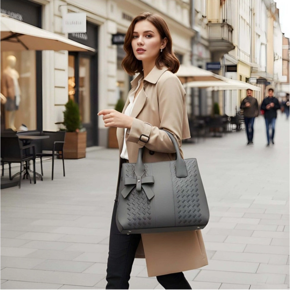 Women's PU Leather Solid Shoulder Zipper Handbag (Grey)