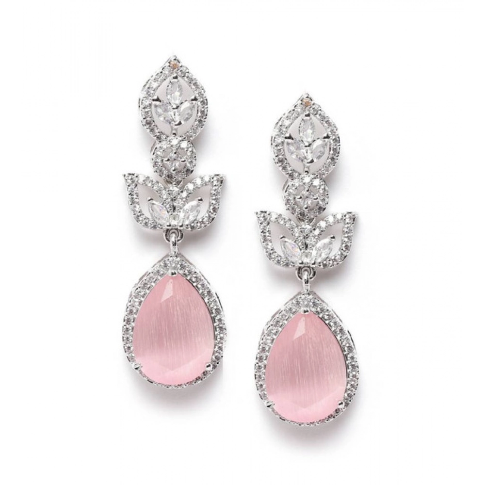 Women's Brass Silver Plated Drop Earrings (Pink)
