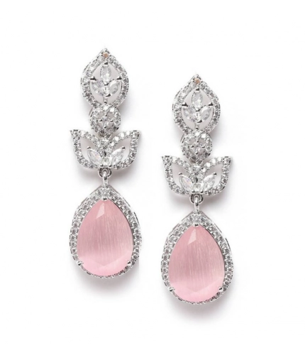 Women's Brass Silver Plated Drop Earrings (Pink)
