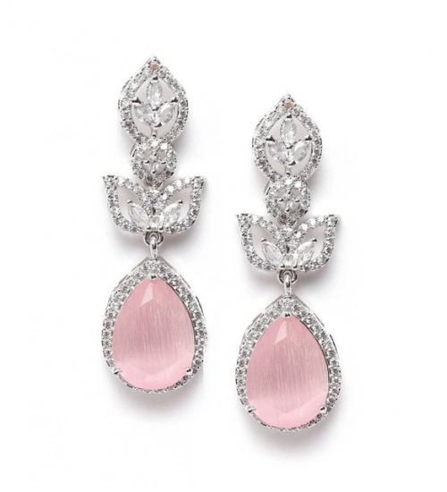 Women's Brass Silver Plated Drop Earrings (Pink)