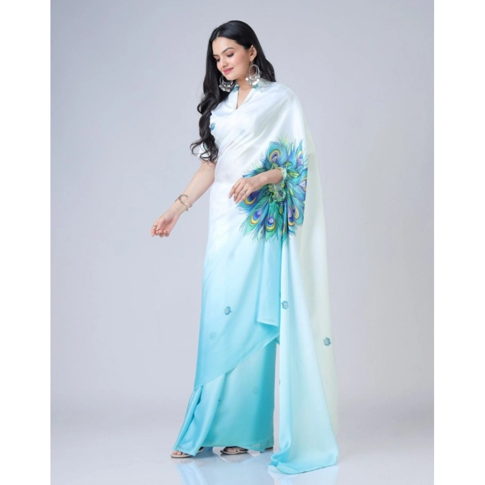 Women's Soft Crepe Silk Printed Ready To Wear Saree With Unstitched Blouse 5.5Mtr (Sky Blue)