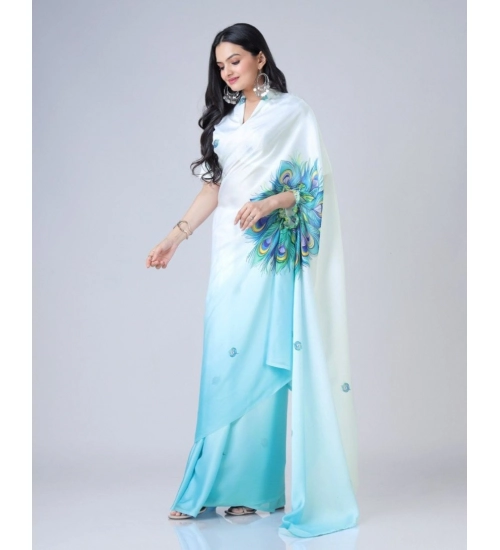 Women's Soft Crepe Silk Printed Ready To Wear Saree With Unstitched Blouse 5.5Mtr (Sky Blue)