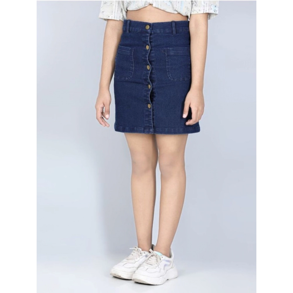 Girl's Denim Solid Buttoned Skirt (Navy Blue) Girl's Denim Solid Buttoned Skirt (Navy Blue)