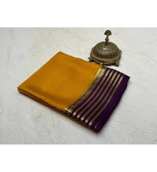 Women's Crepe Chit Pallu Solid Saree With Unstitched Blouse 5.5Mtr (Gold)
