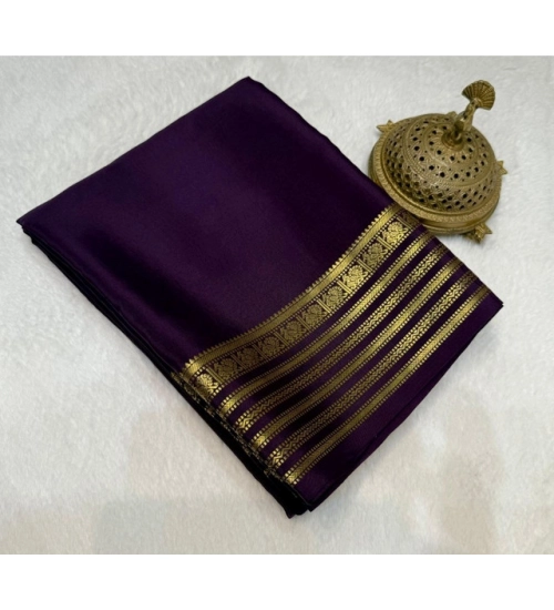 Women's Crepe Chit Pallu Solid Saree With Unstitched Blouse 5.5Mtr (Dark Purple)