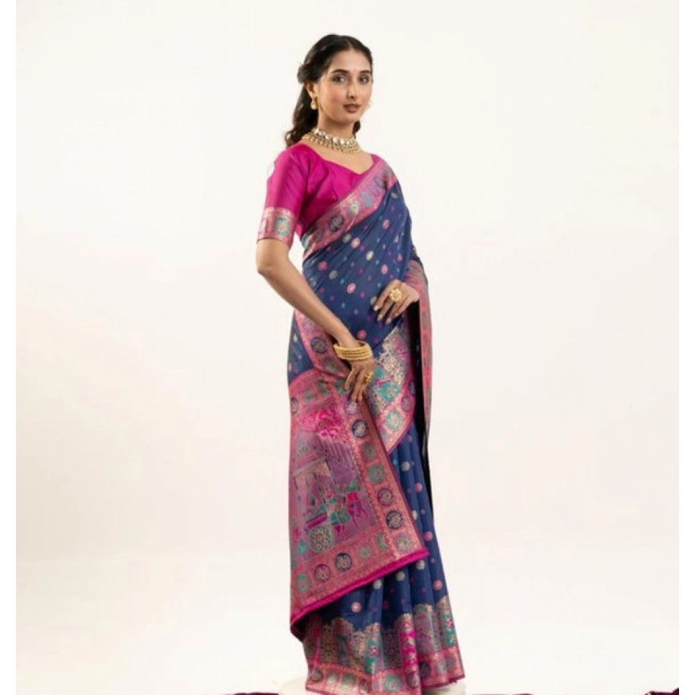 Women's Faux_Banarasi Woven Motifs Saree With Unstitched Blouse 5.5Mtr (Navy_Blue)