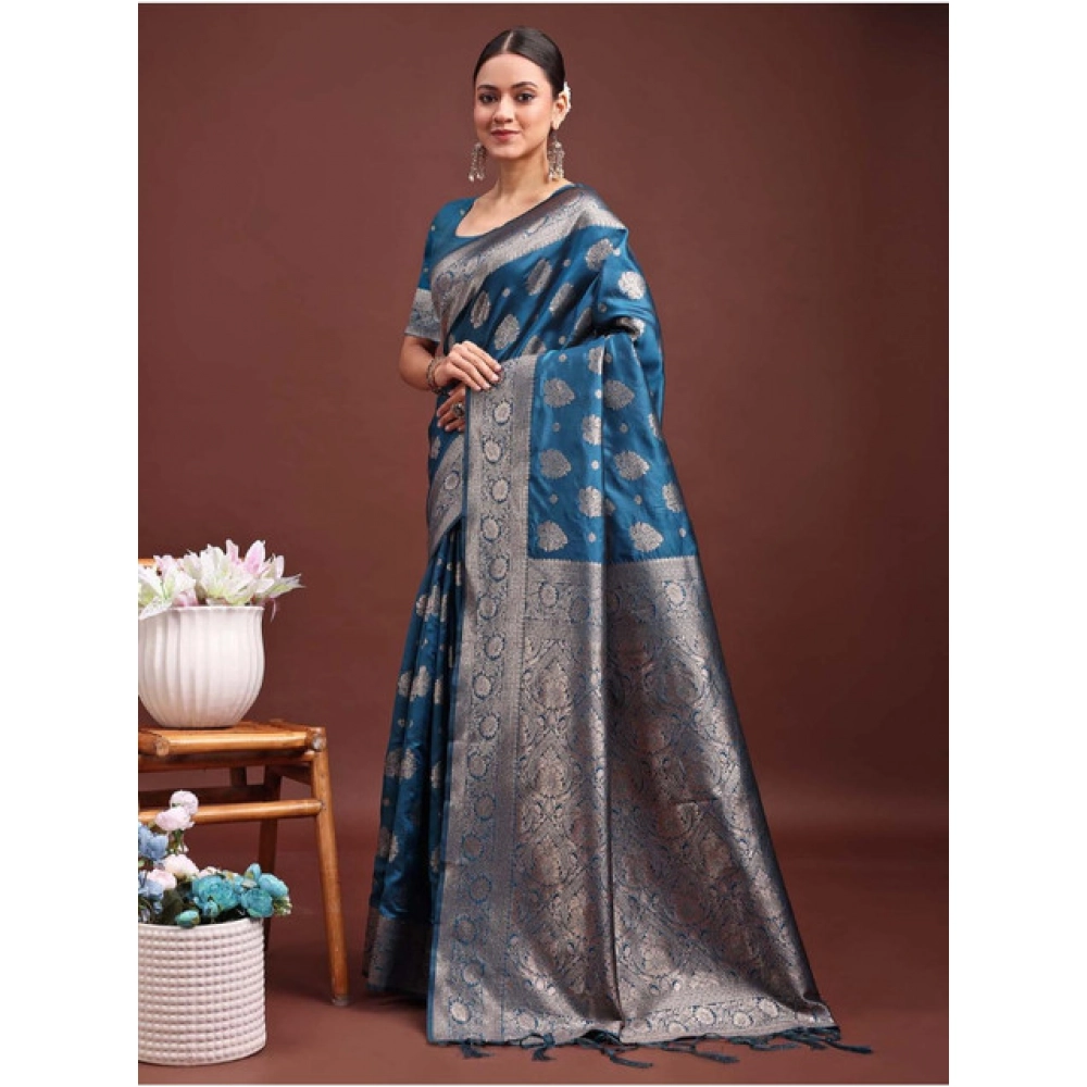 Women's Banarasi Silk Printed Saree With Unstitched Blouse 5.5Mtr (Teal Blue) Women's Banarasi Silk Printed Saree With Unstitched Blouse 5.5Mtr (Teal Blue)