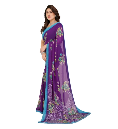 Women's Georgette Printed Saree With Unstitched Blouse 5.5Mtr (Purple)