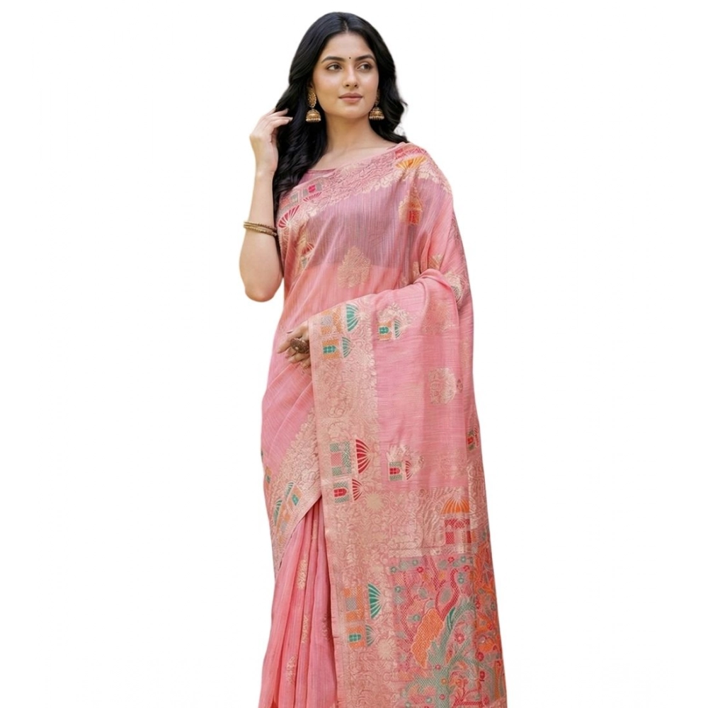 Women's Linen Cotton Printed Saree With Unstitched Blouse 5.5Mtr (Pink) Women's Linen Cotton Printed Saree With Unstitched Blouse 5.5Mtr (Pink)