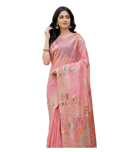 Women's Linen Cotton Printed Saree With Unstitched Blouse 5.5Mtr (Pink)