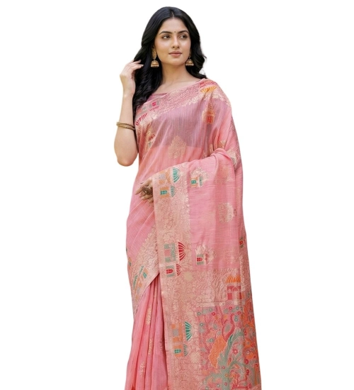 Women's Linen Cotton Printed Saree With Unstitched Blouse 5.5Mtr (Pink)