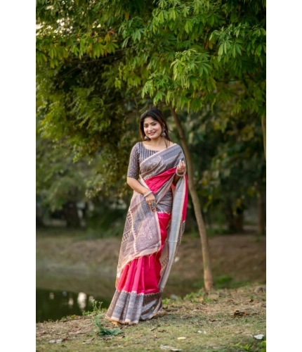 Women's Faux_Tussar Geometric_Print Saree With Unstitched Blouse 5.5Mtr (Pink)