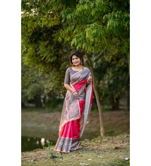 Women's Faux_Tussar Geometric_Print Saree With Unstitched Blouse 5.5Mtr (Pink)