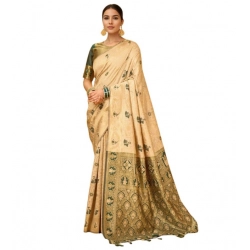 Women's Silk Blend Woven Paithani Saree With Unstitched Blouse 5.5Mtr (Cream)