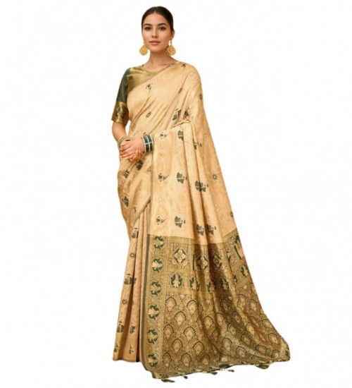 Women's Silk Blend Woven Paithani Saree With Unstitched Blouse 5.5Mtr (Cream)