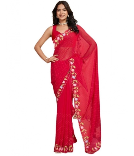 Women's Georgette Printed Saree With Unstitched Blouse 5.5Mtr (Red)