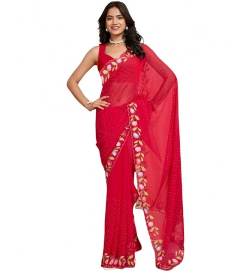Women's Georgette Printed Saree With Unstitched Blouse 5.5Mtr (Red)