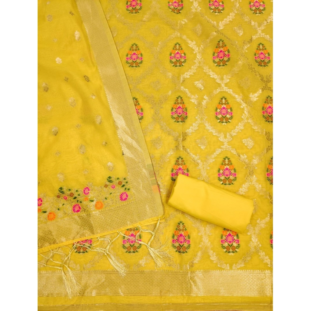 Women's Banarasi Silk Printed Unstitched Salwar Suit Material With Dupatta (Yellow, 3Mtrs)