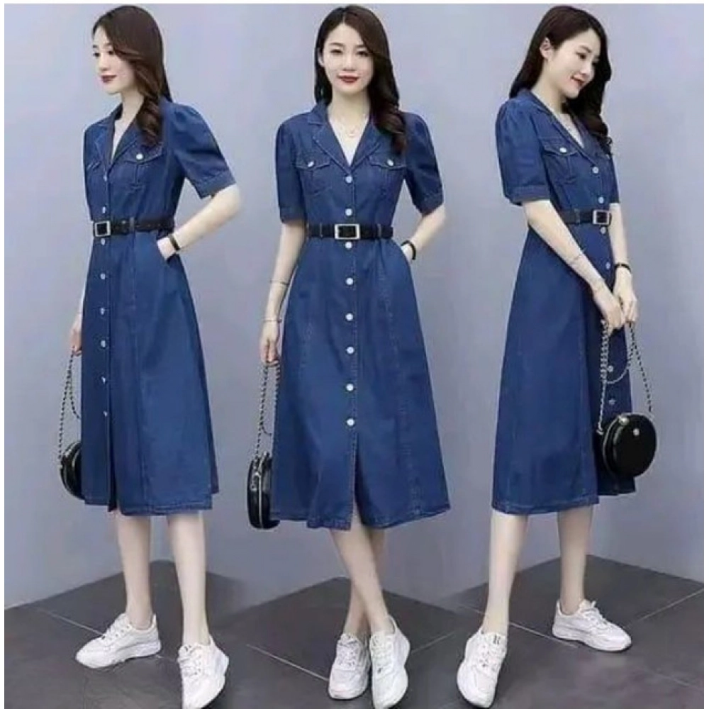 Women's Casual Denim Half Sleeves Dress (Blue)