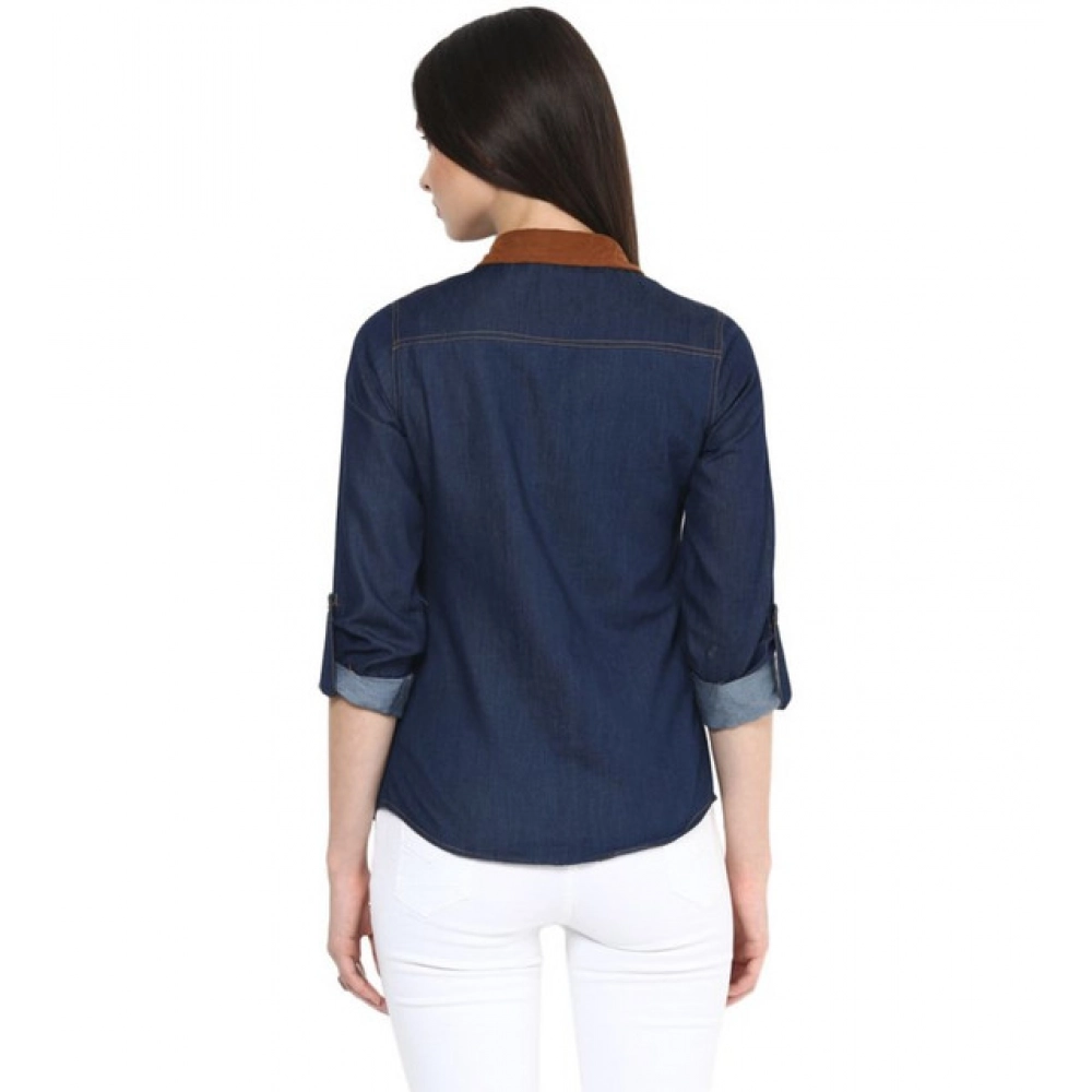 Women's Denim Cotton based Solid Long Sleeves Shirt (Blue) Women's Denim Cotton based Solid Long Sleeves Shirt (Blue)