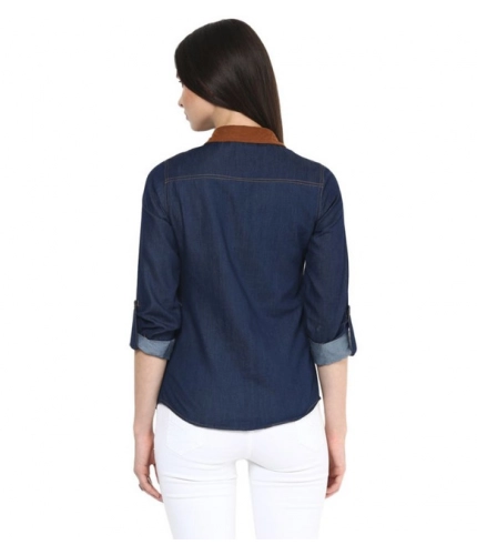 Women's Denim Cotton based Solid Long Sleeves Shirt (Blue)