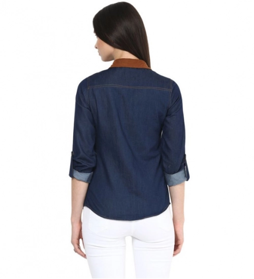 Women's Denim Cotton based Solid Long Sleeves Shirt (Blue) Women's Denim Cotton based Solid Long Sleeves Shirt (Blue)