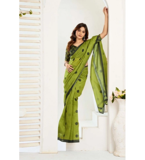 Women's Linen Cotton Printed Ready To Wear Saree With Unstitched Blouse 5.5 Mtr (Green)