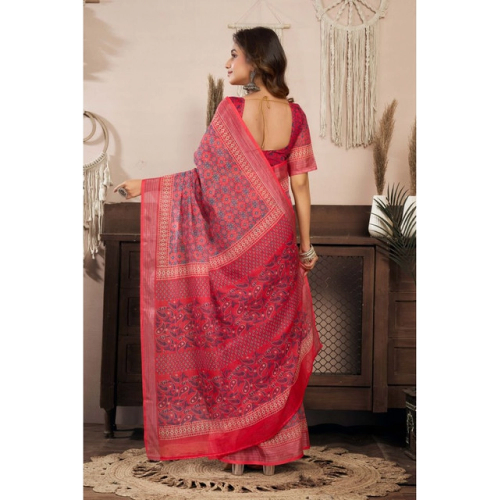 Women's Linen Cotton Printed Ready To Wear Saree With Unstitched Blouse 5.5 Mtr (Red) Women's Linen Cotton Printed Ready To Wear Saree With Unstitched Blouse 5.5 Mtr (Red)