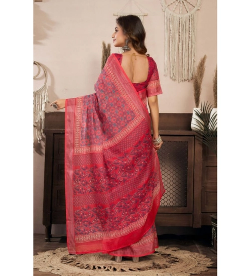 Women's Linen Cotton Printed Ready To Wear Saree With Unstitched Blouse 5.5 Mtr (Red) Women's Linen Cotton Printed Ready To Wear Saree With Unstitched Blouse 5.5 Mtr (Red)