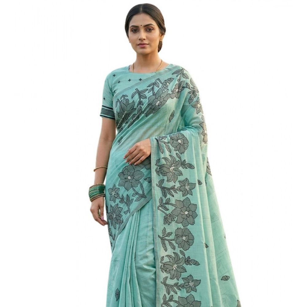 Women's Linen Cotton Printed Saree With Unstitched Blouse 5.5Mtr (Sea Green) Women's Linen Cotton Printed Saree With Unstitched Blouse 5.5Mtr (Sea Green)