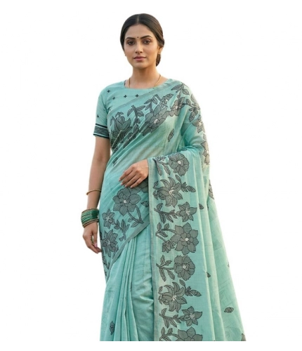 Women's Linen Cotton Printed Saree With Unstitched Blouse 5.5Mtr (Sea Green)