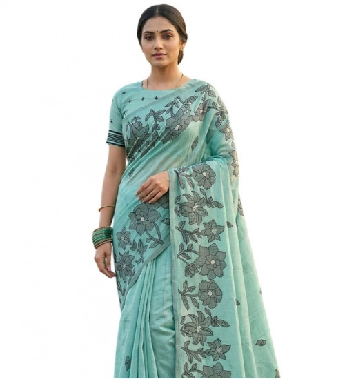 Women's Linen Cotton Printed Saree With Unstitched Blouse 5.5Mtr (Sea Green)