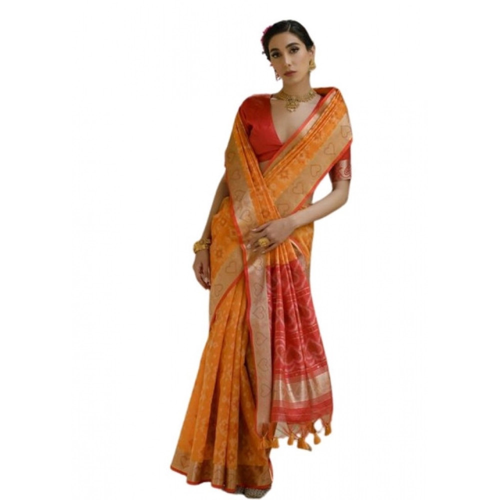 Women's Silk_Blend Ethnic Ikat Pattern Saree With Unstitched Blouse 5.5Mtr (Mustard) Women's Silk_Blend Ethnic Ikat Pattern Saree With Unstitched Blouse 5.5Mtr (Mustard)