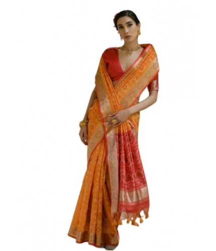 Women's Silk_Blend Ethnic Ikat Pattern Saree With Unstitched Blouse 5.5Mtr (Mustard)