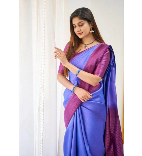 Women's Soft Lichi Silk Printed Saree With Unstitched Blouse 5.5Mtr (Blue)