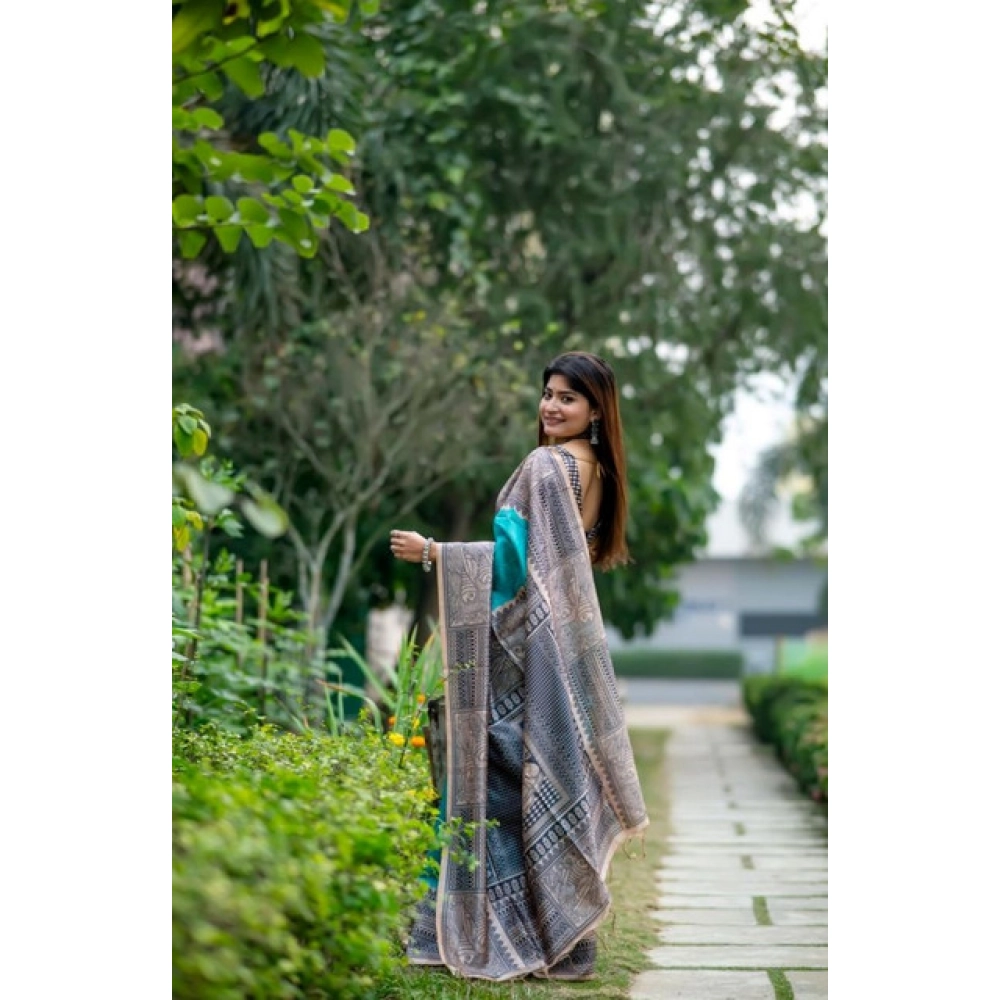 Women's Faux_Tussar Geometric_Print Saree With Unstitched Blouse 5.5Mtr (Rama_Green) Women's Faux_Tussar Geometric_Print Saree With Unstitched Blouse 5.5Mtr (Rama_Green)