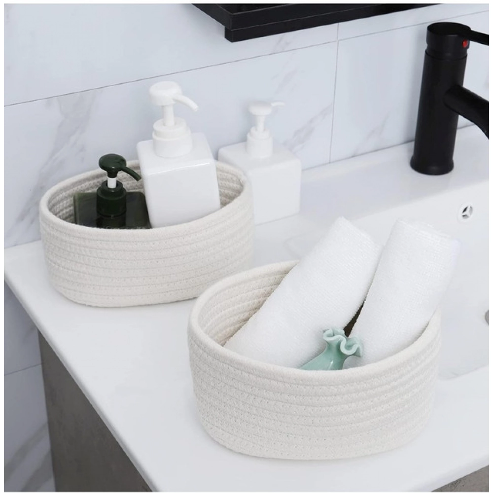 Cotton 8x3 Inch Round 2 Set Bedside Organizer (White)