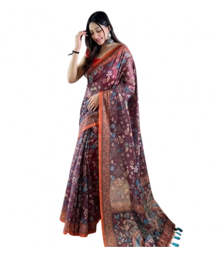 Women's Linen Printed Saree With Unstitched Blouse 5.5Mtr (Brown)