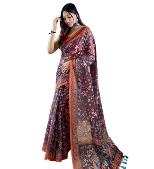 Women's Linen Printed Saree With Unstitched Blouse 5.5Mtr (Brown)