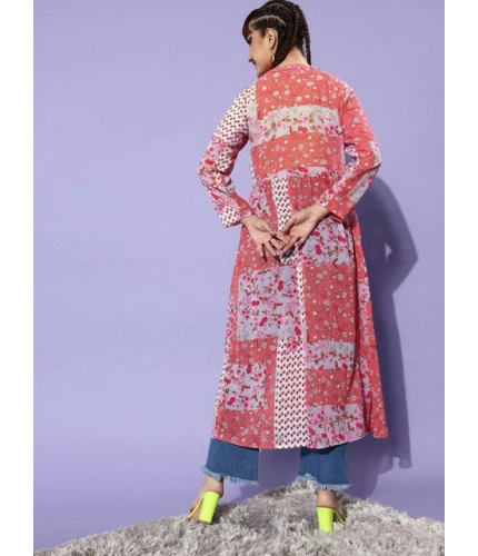 Women's Polyester Floral Long Sleeves Shrug (Pink-Coral)