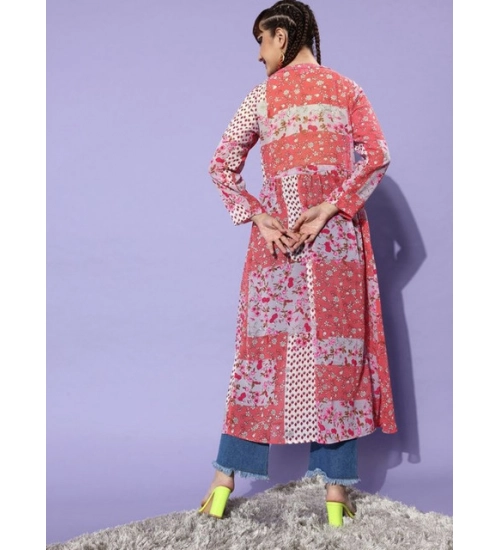 Women's Polyester Floral Long Sleeves Shrug (Pink-Coral)