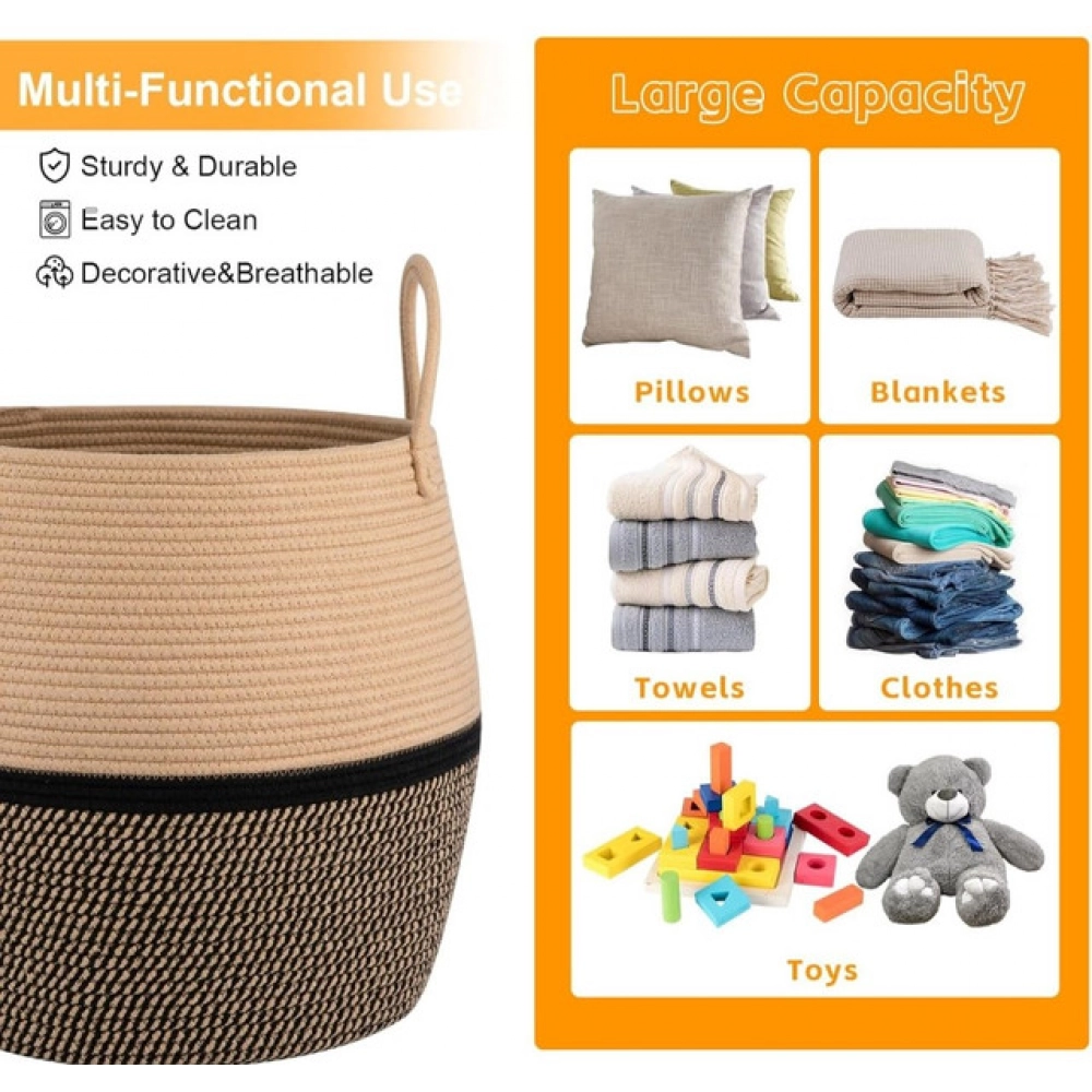 Cotton Matka With Handle 14x12 Inch Storage Basket For Clothes (Beige Black)