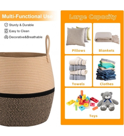 Cotton Matka With Handle 14x12 Inch Storage Basket For Clothes (Beige Black)