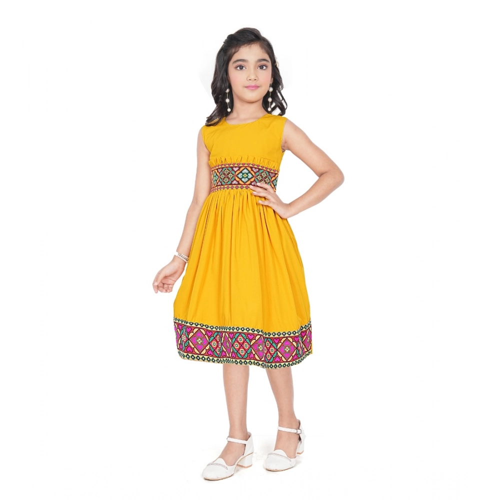 Girl's Shiffon Printed Sleeve Less Round Neck Dress (Mustard Yellow) Girl's Shiffon Printed Sleeve Less Round Neck Dress (Mustard Yellow)