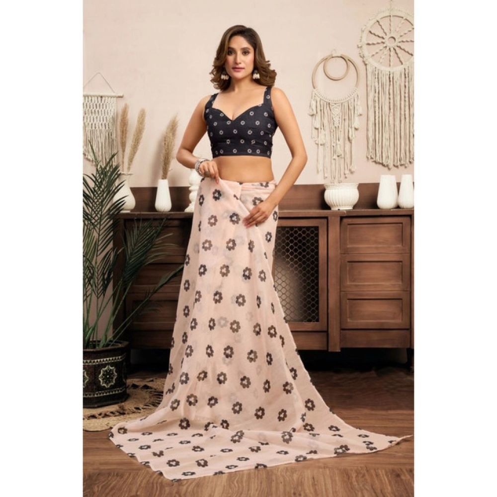 Women's Linen Cotton Printed Ready To Wear Saree With Unstitched Blouse 5.5 Mtr (Light_Peach)