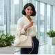 Women's PU Leather Solid Shoulder Zipper Handbag (Cream)